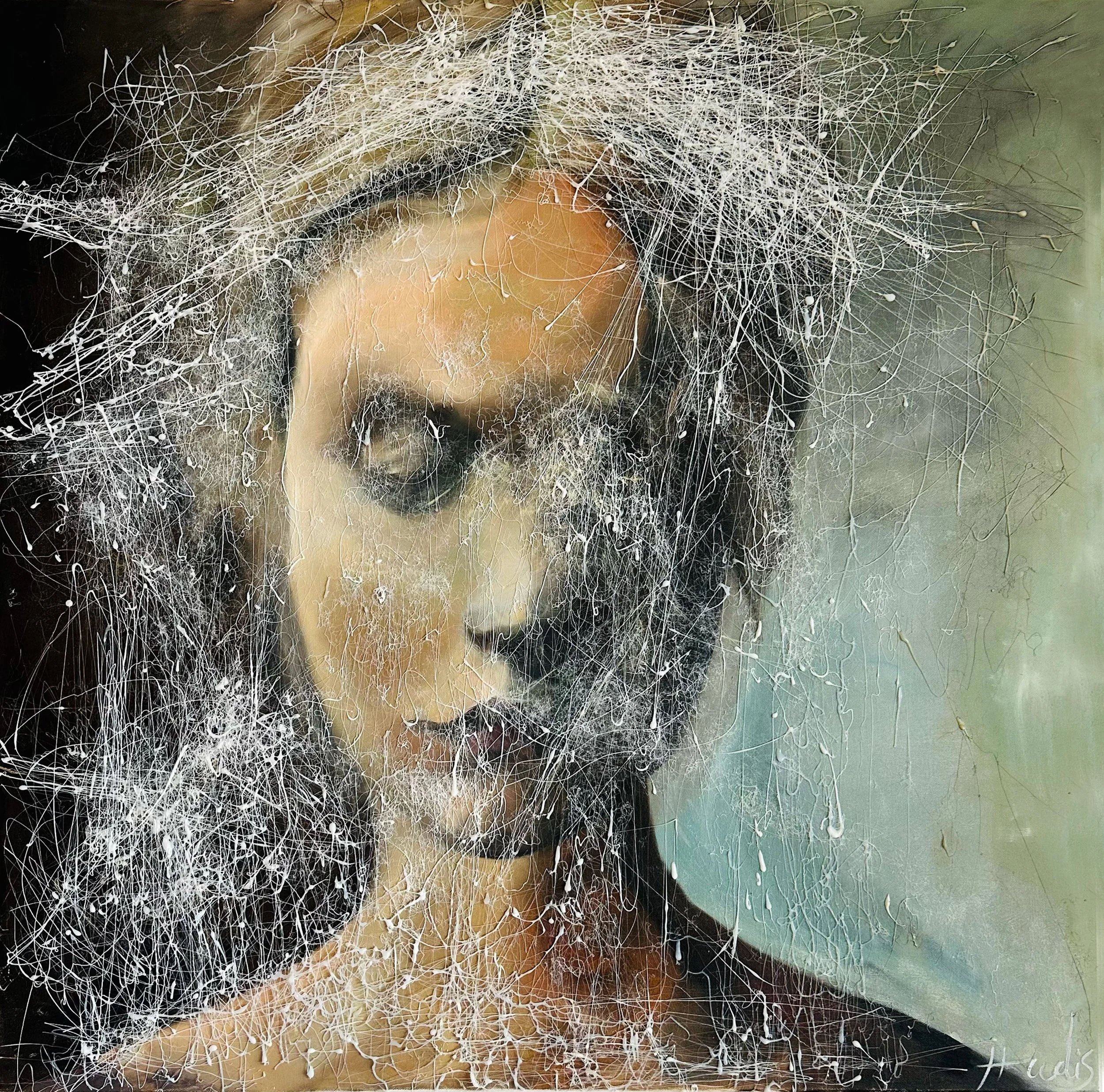 Web, 2024 — mixed media by Hadis Bahrami, 36 × 36 in, from the series Living Against the Void.